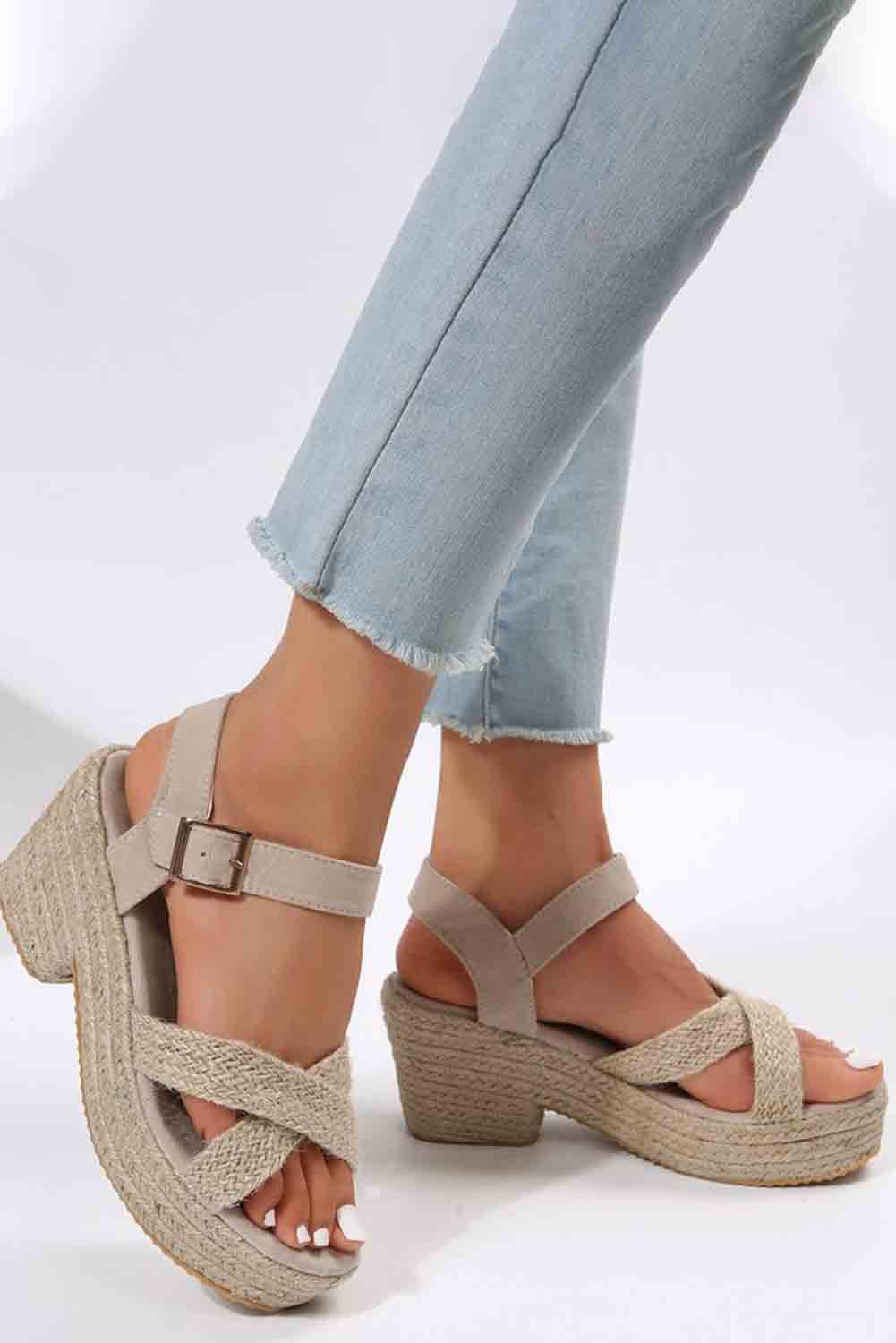 Criss Cross Linen Woven Buckle Wedge Sandals