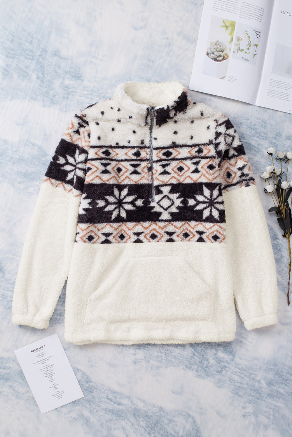 Charcoal White Zip Neck Oversize Fluffy Fleece Pullover