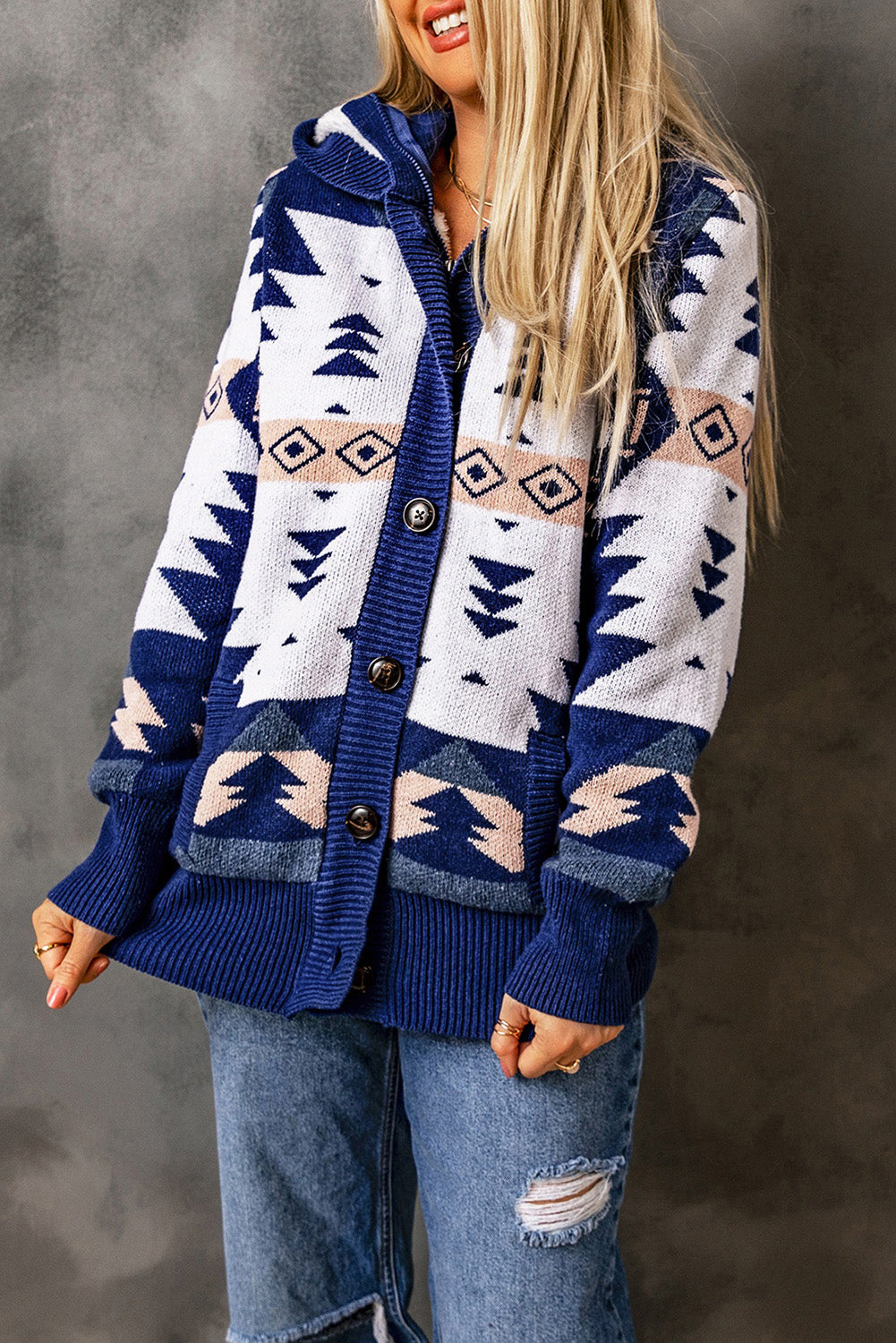 Retro Jacquard Pattern Buttoned Front Hooded Sweater