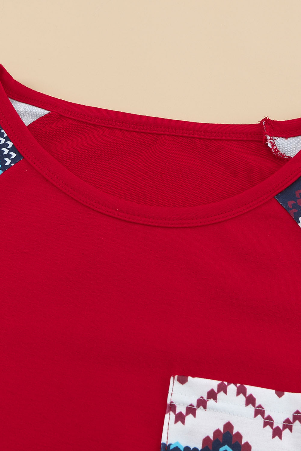 Raglan Sleeve Aztec Geometric Patchwork Top with Pocket