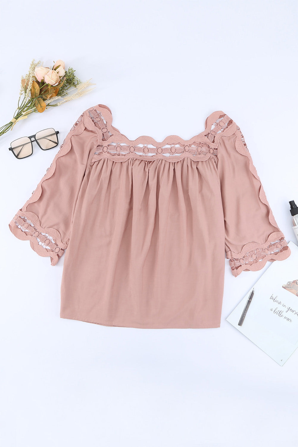 Green Drak Green Crochet Trim Hollow-out Blouse