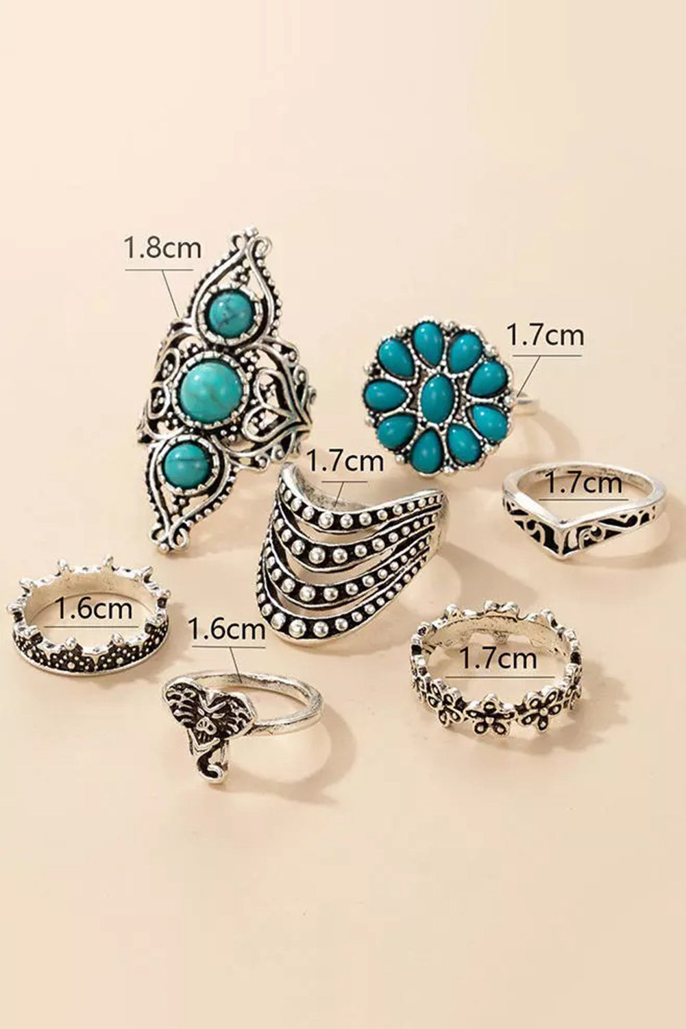 7Pcs Floral Geometric Turquoise Vintage Ring Set