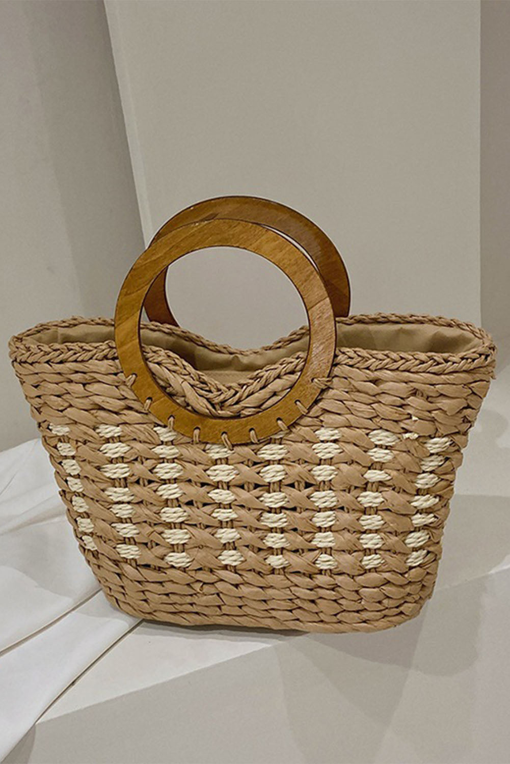 Khaki Round Handle Straw Woven Small Tote 37*12*22cm