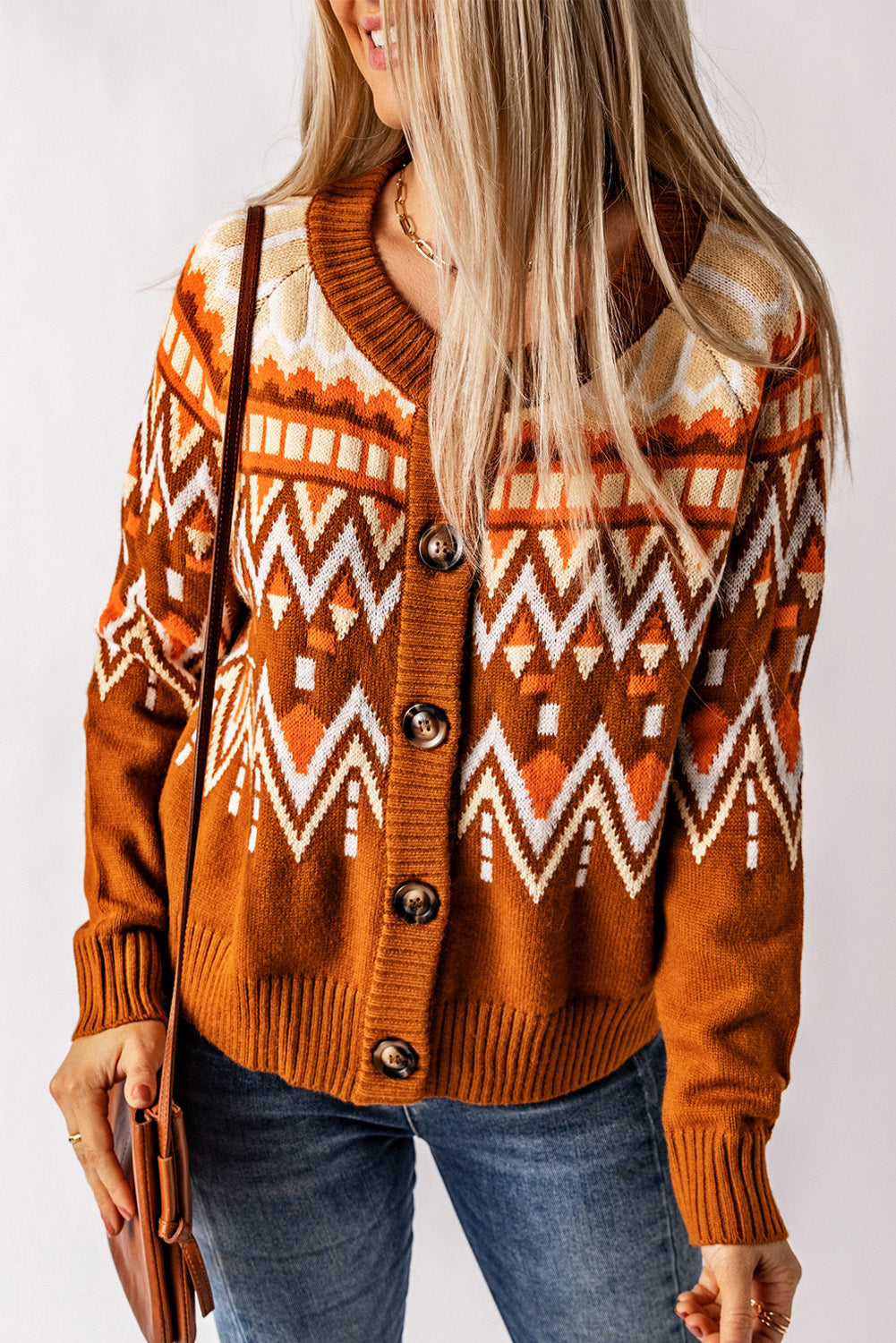 Geometric Pattern Buttoned Knit Cardigan