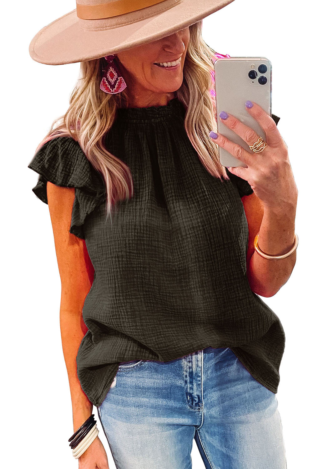 Flutter Sleeve Frilled Neck Textured Blouse