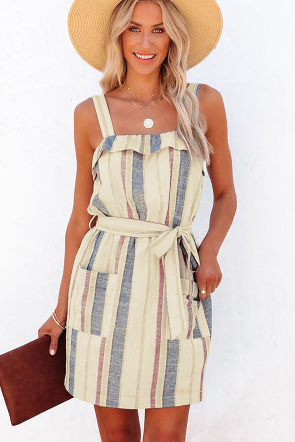 Stripe Frill Trim Patch Pocket Belted Mini Dress