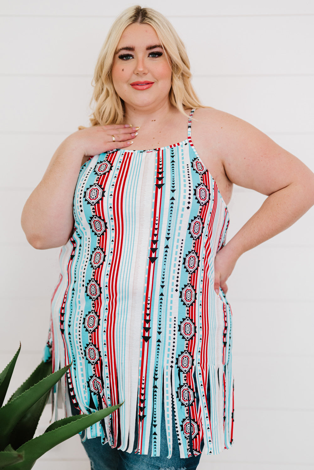 Multicolor Multicolor Aztec Print Tassel Plus Size Tank