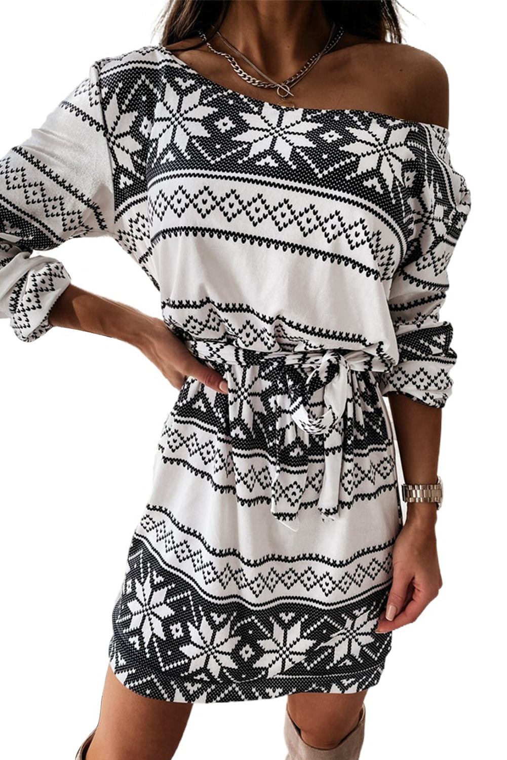 White/Red Christmas Pattern Print Lace-up Long Sleeve Mini Dress