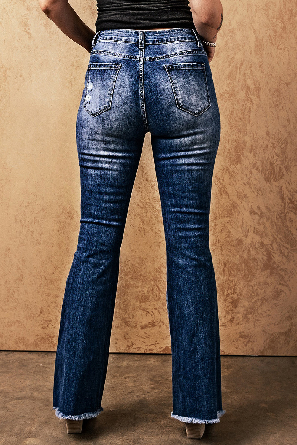 Distressed Raw Hem High Waist Flare Jeans