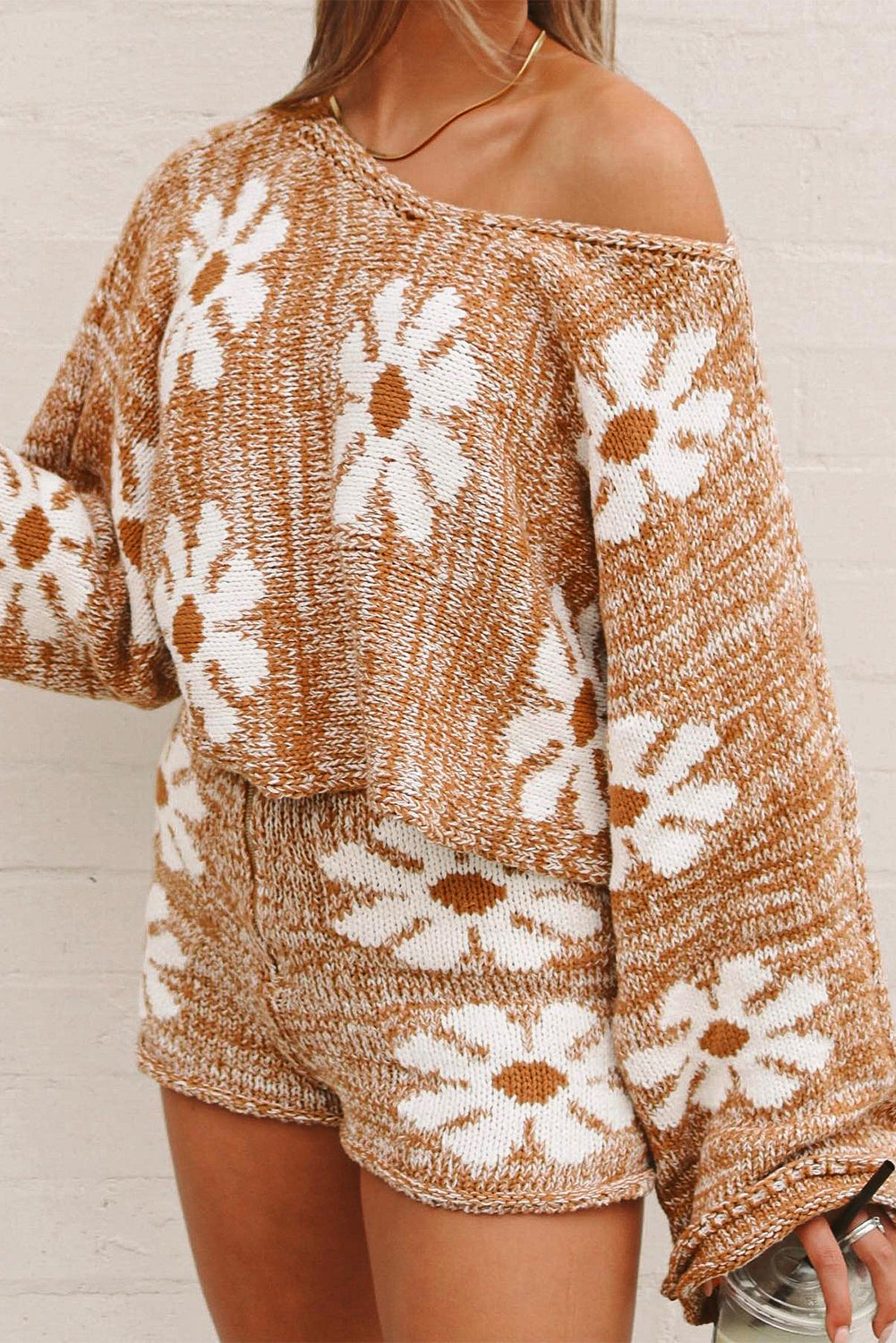 Brown Big Flower Bell Sleeve Loose Sweater