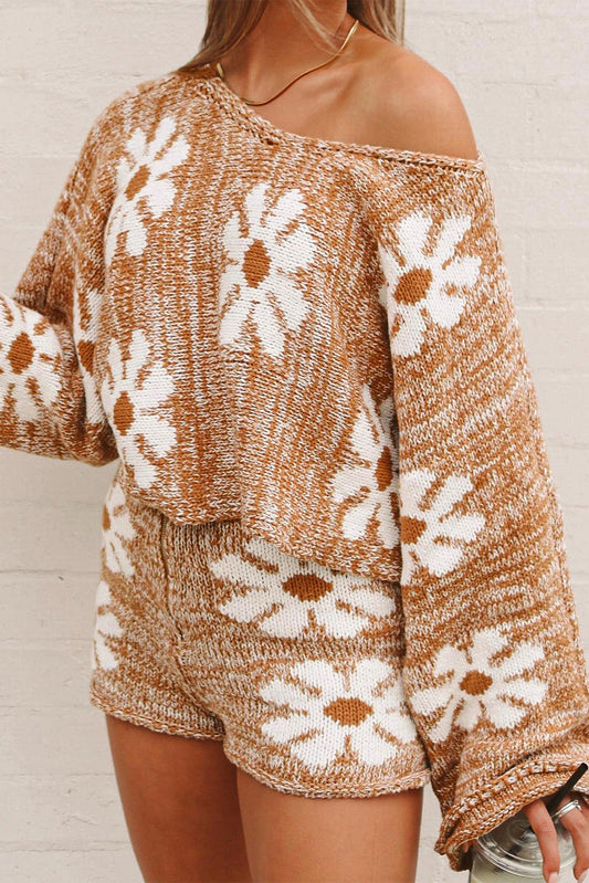 Brown Big Flower Bell Sleeve Loose Sweater