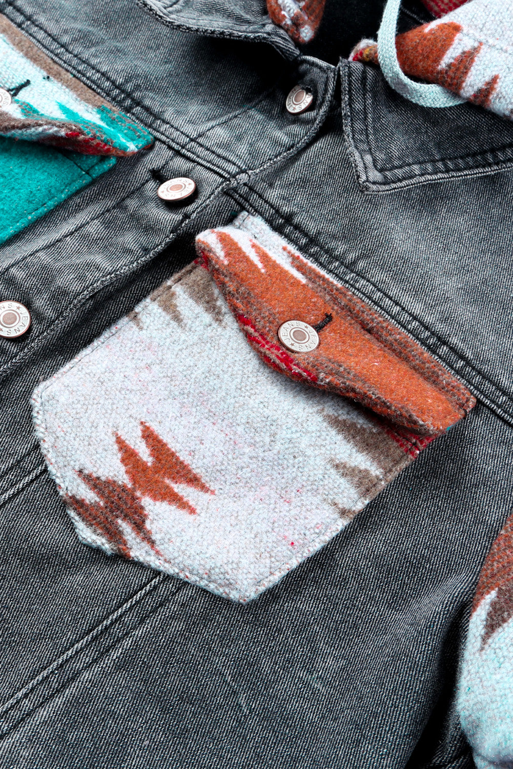 Multicolor Aztec Print Frayed Hem Denim Jacket