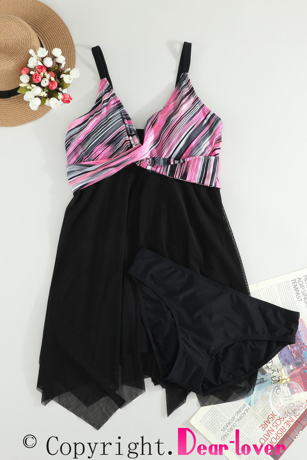 Retro Polka Dot Print Handkerchief Hem Tankini Set