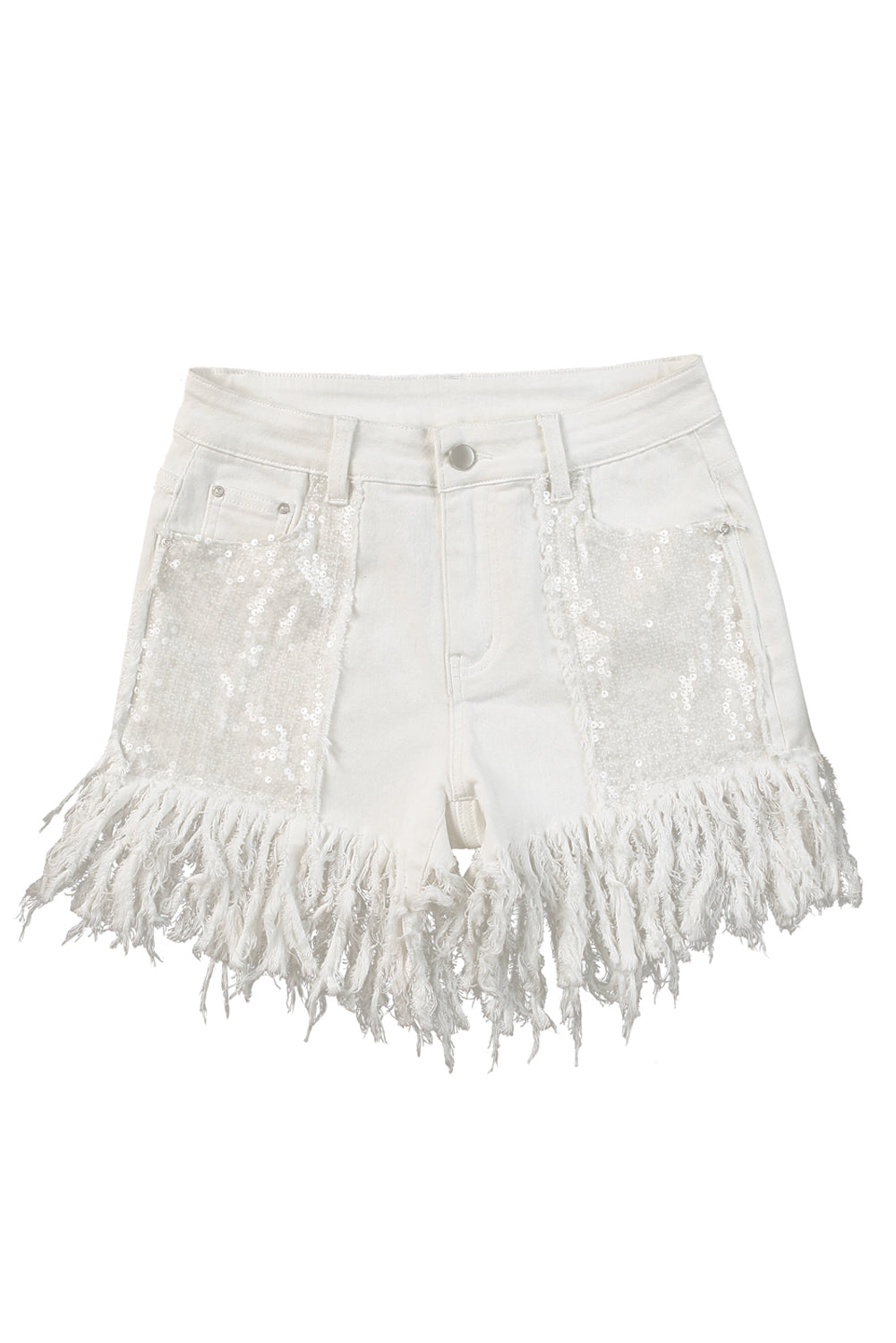 Beige Tassel Sequin Distressed High Waist Denim Shorts