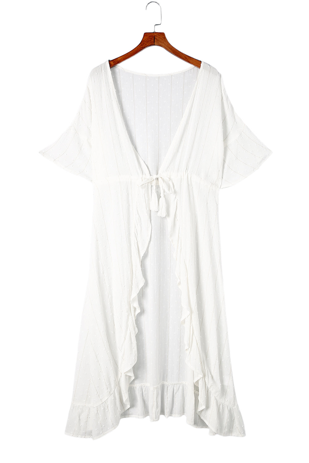 Loose Half Sleeve Cinched Waist Ruffled Duster Kimono