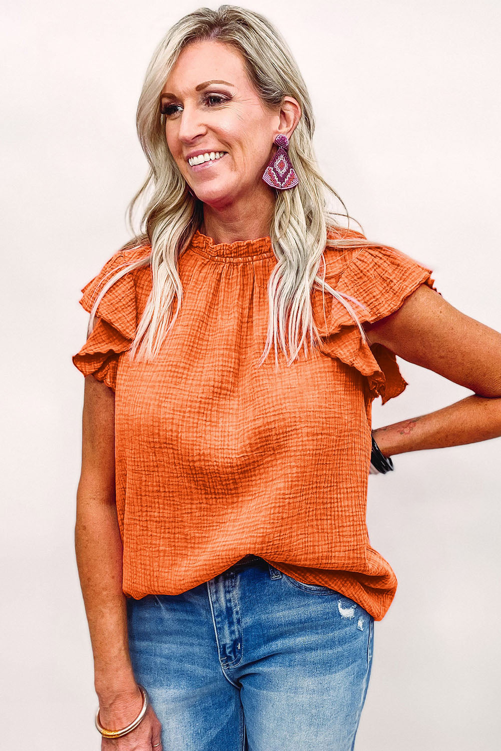 Flutter Sleeve Frilled Neck Textured Blouse