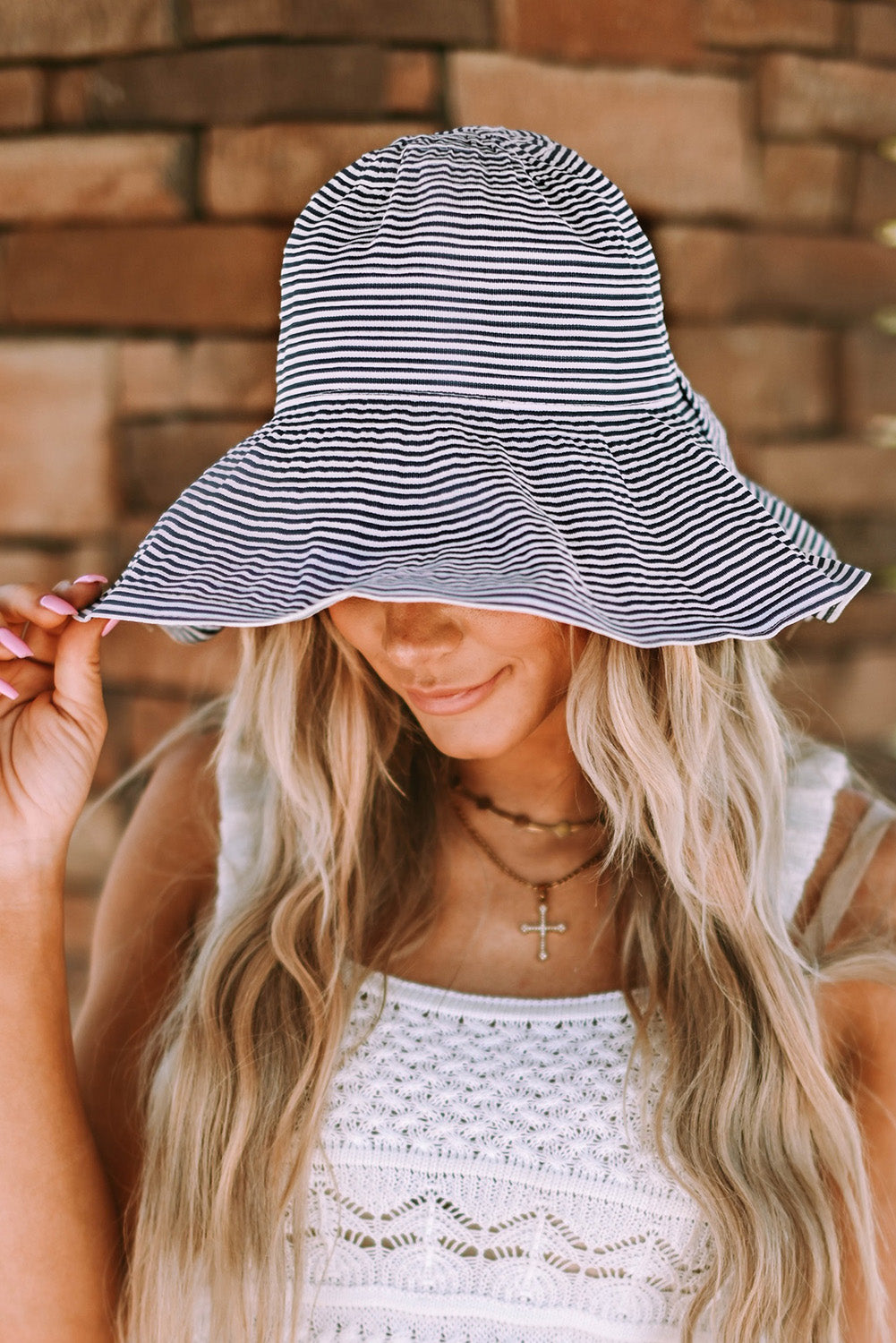 Striped Print Bow Knot Wide Brim Buckle Hat