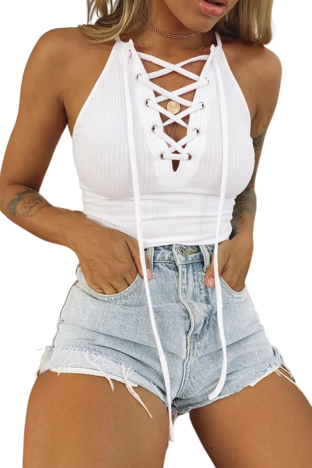 Ribbed Lace-up Slim Fit Tank Top