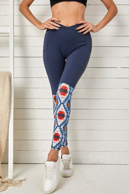 Crossover High Waist Aztec Print Patchwork Yoga Leggings
