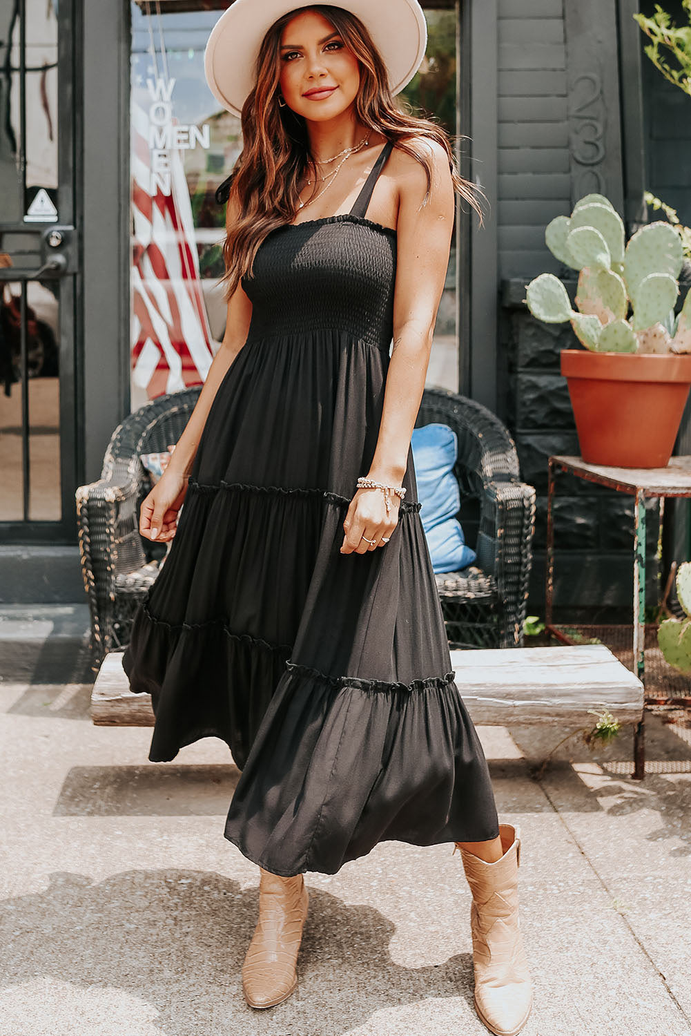 Tie Strap Smocked Frill Tiered Midi Dress