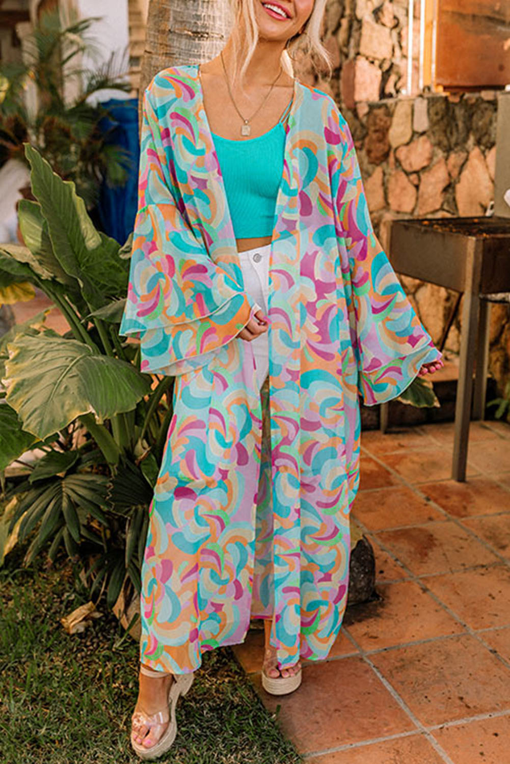 Multicolor Printed Double Layered Bell Sleeve Long Flowy Cardigan