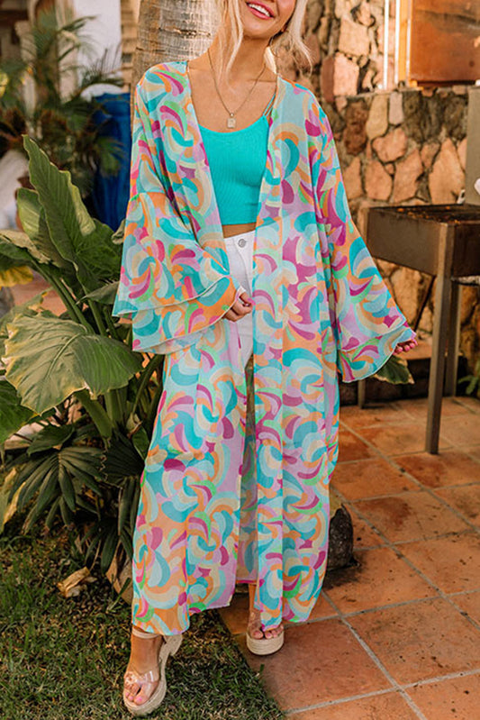 Multicolor Printed Double Layered Bell Sleeve Long Flowy Cardigan