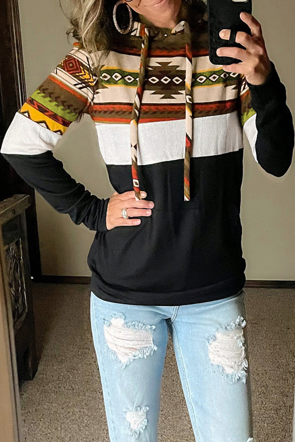 Tribal Colorblock Drawstring Hoodie