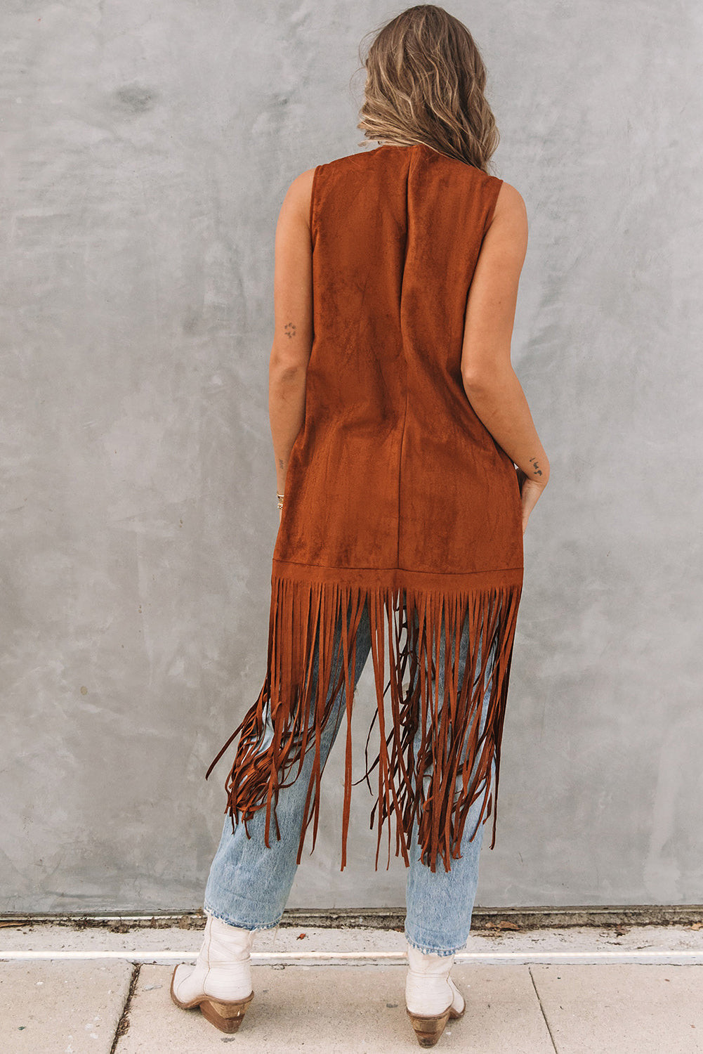 Faux Suede Cowgirl Fringed Sleeveless Long Cardigan