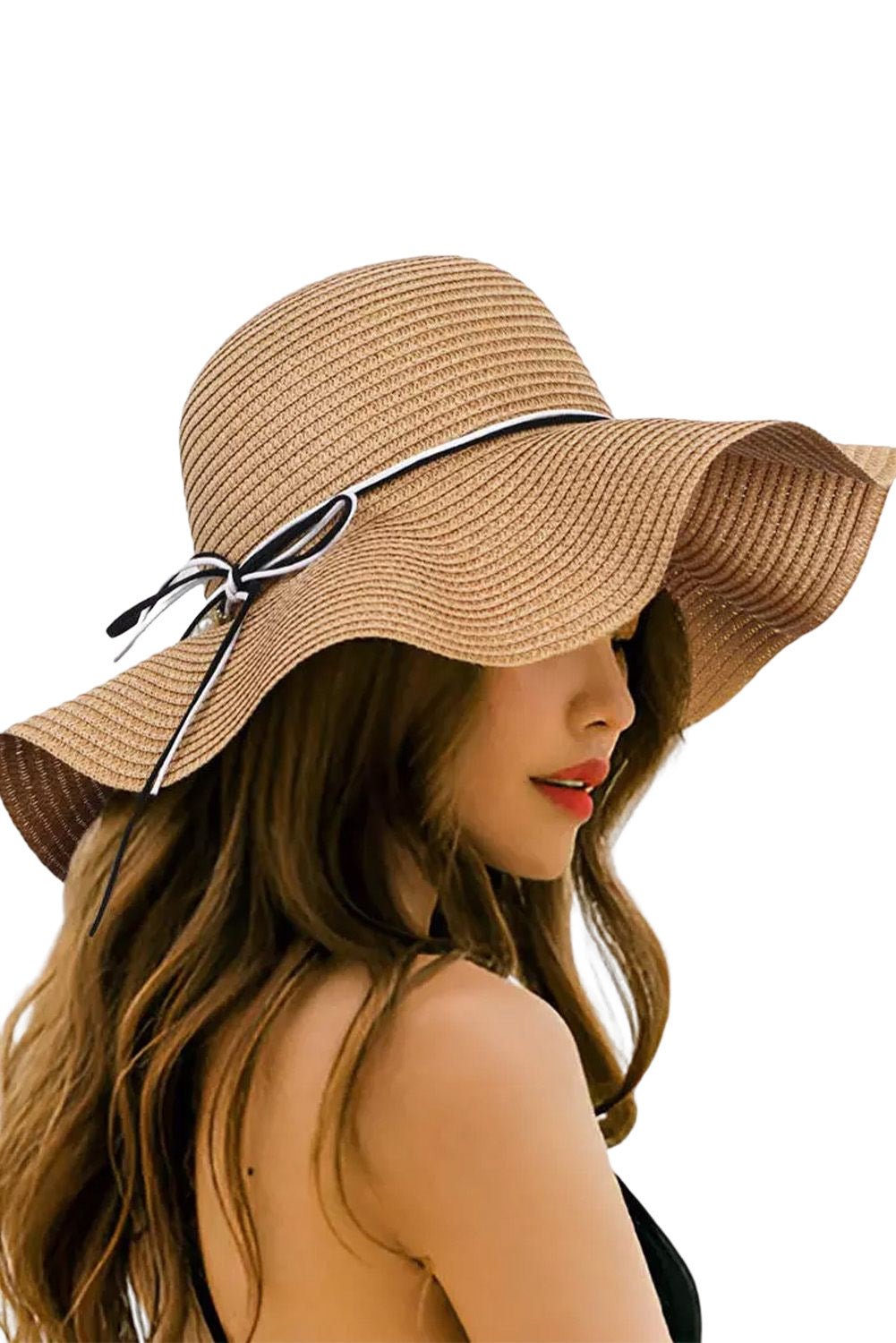 Khaki Bowknot Sun Visor Wide Brim Rolled Up Straw Hat