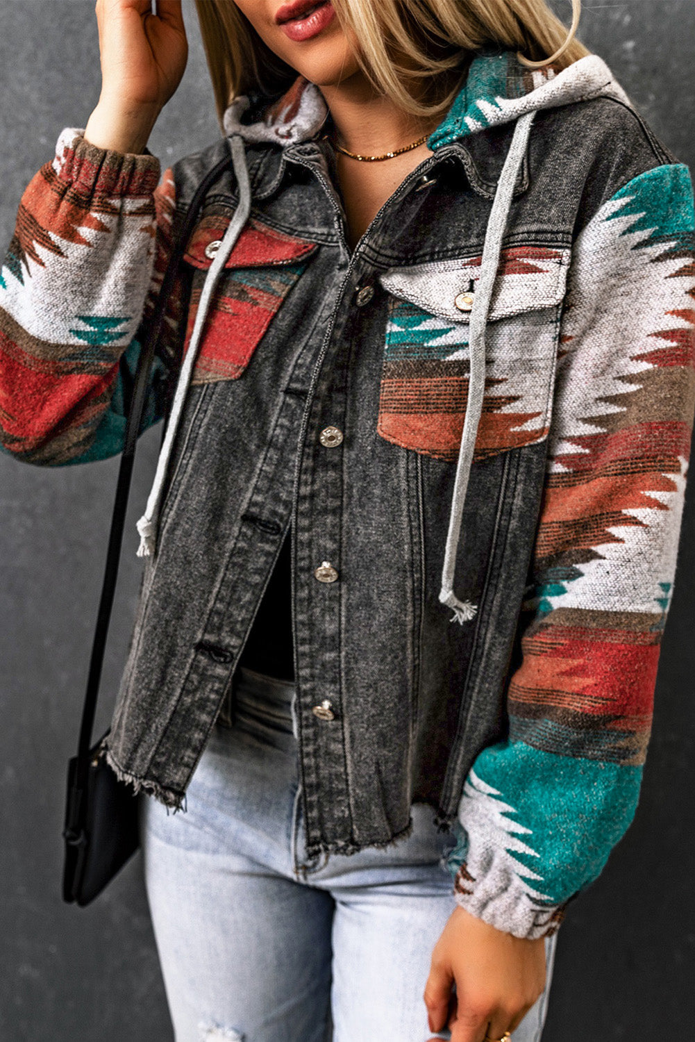 Multicolor Aztec Print Frayed Hem Denim Jacket