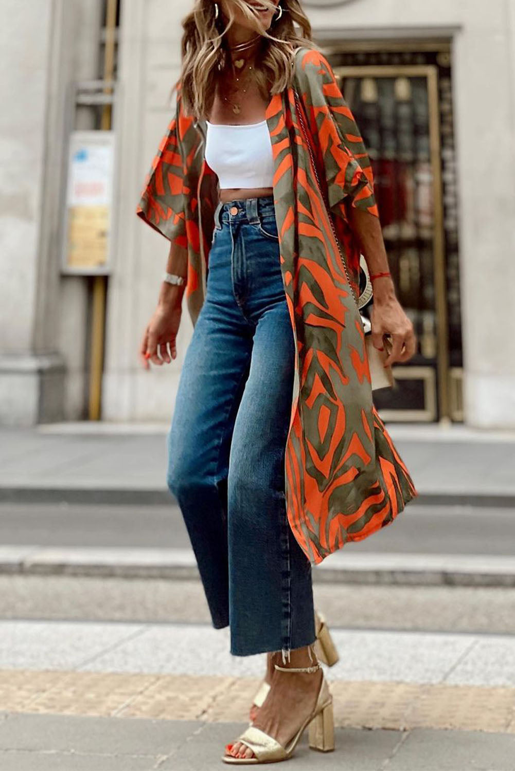 Multicolor Abstract Print Half Sleeves Kimono