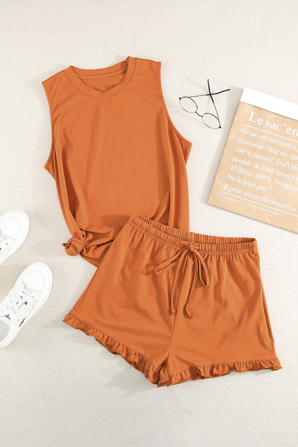 Crew Neck Tank and Drawstring Ruffled Shorts Lounge Set