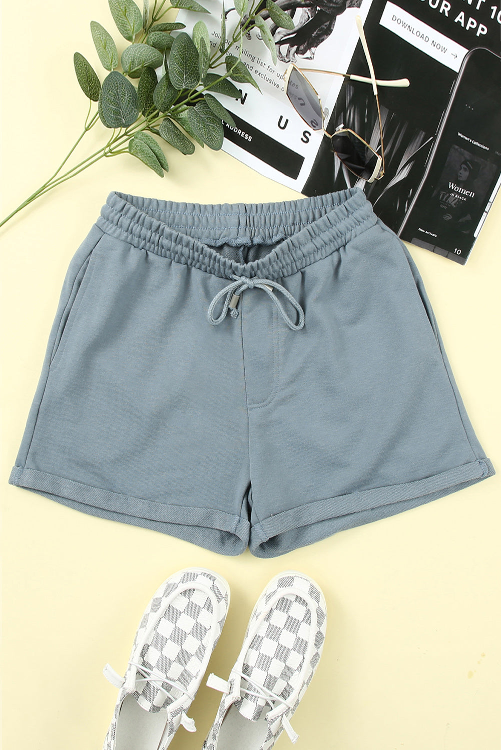 Tie Waist Side Pockets Cuffed Lounge Shorts