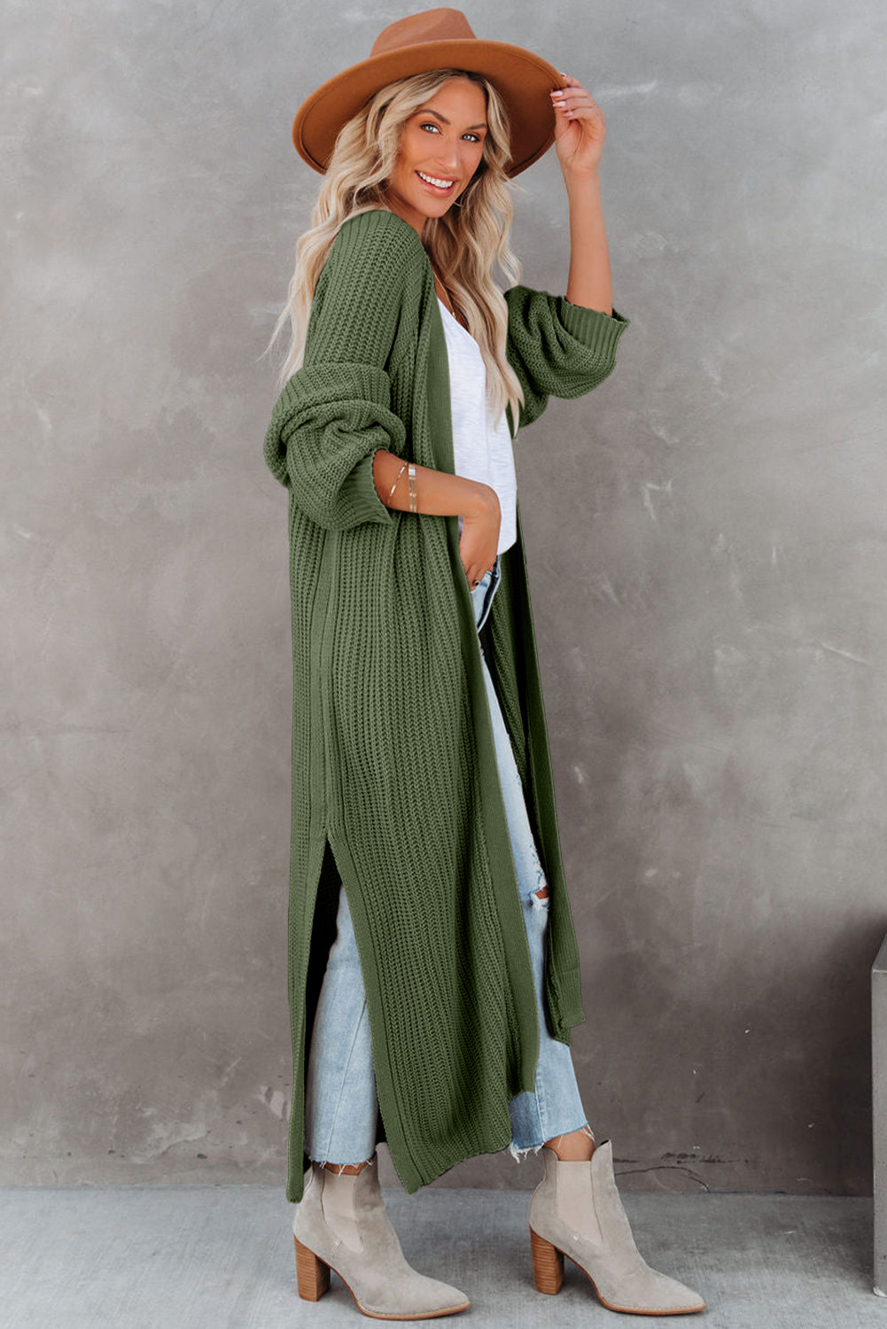 Green Open Front Side Slit Duster Knit Cardigan