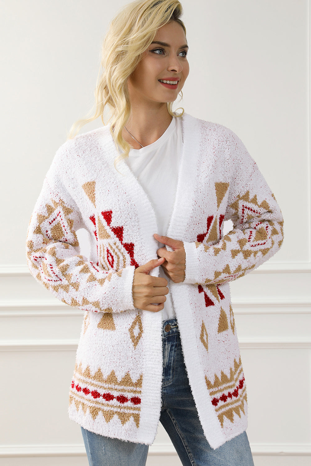 White Aztec Pattern Open Knitted Cardigan
