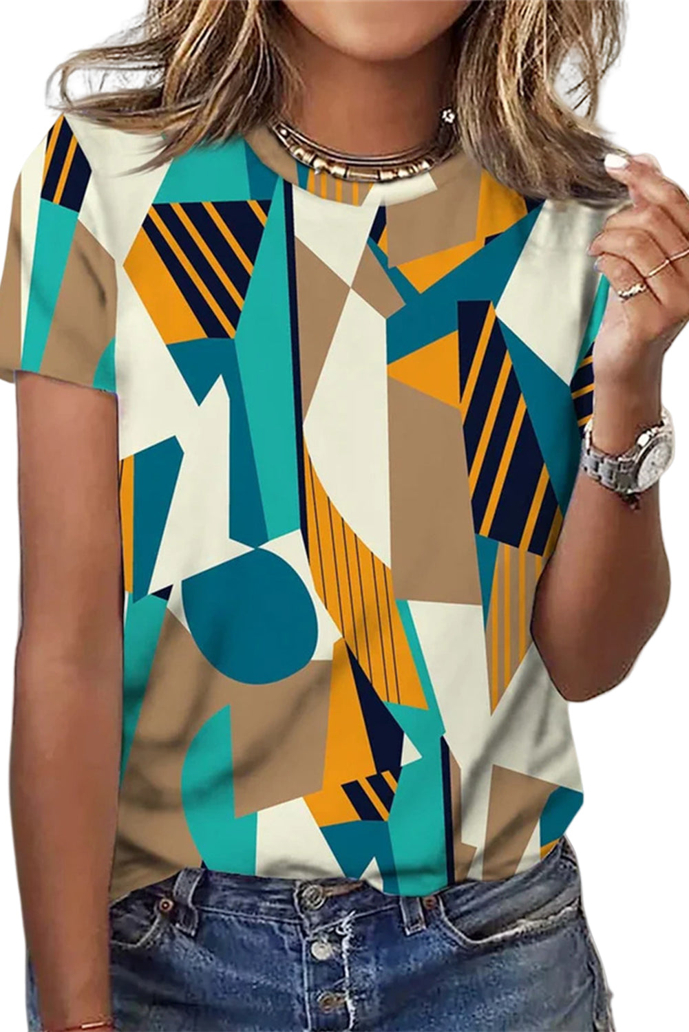 Geometric Print Round Neck Casual T-Shirt