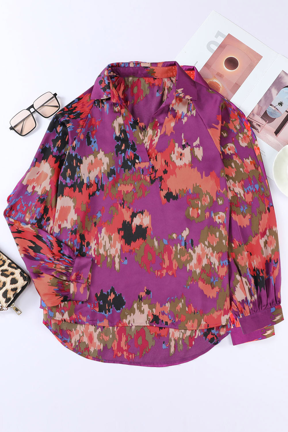 Graffiti Printed V Neck Puff Sleeve Blouse