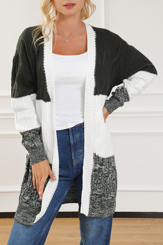 Multicolour Colorblock Textured Cable Knit Open Front Cardigan