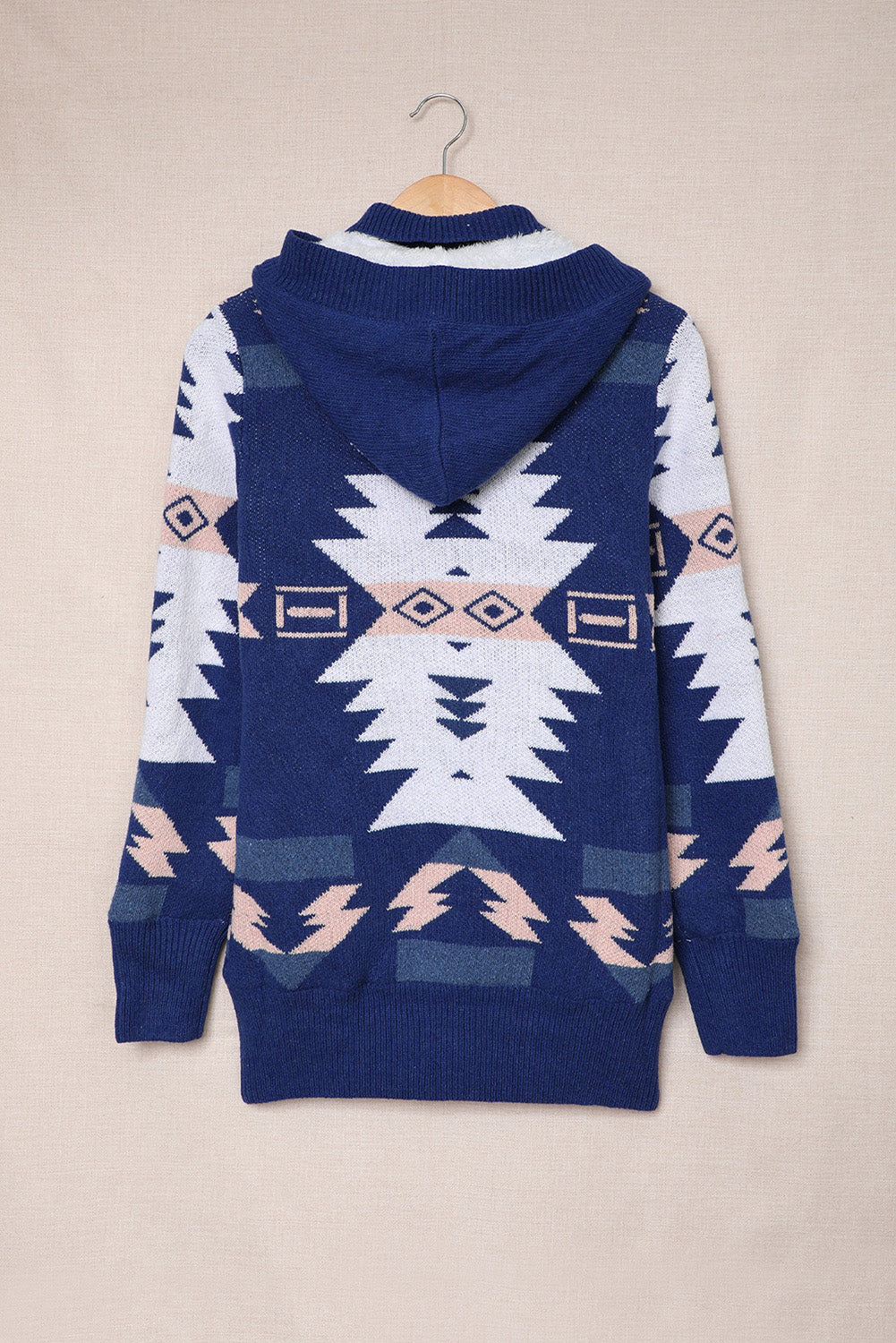 Retro Jacquard Pattern Buttoned Front Hooded Sweater