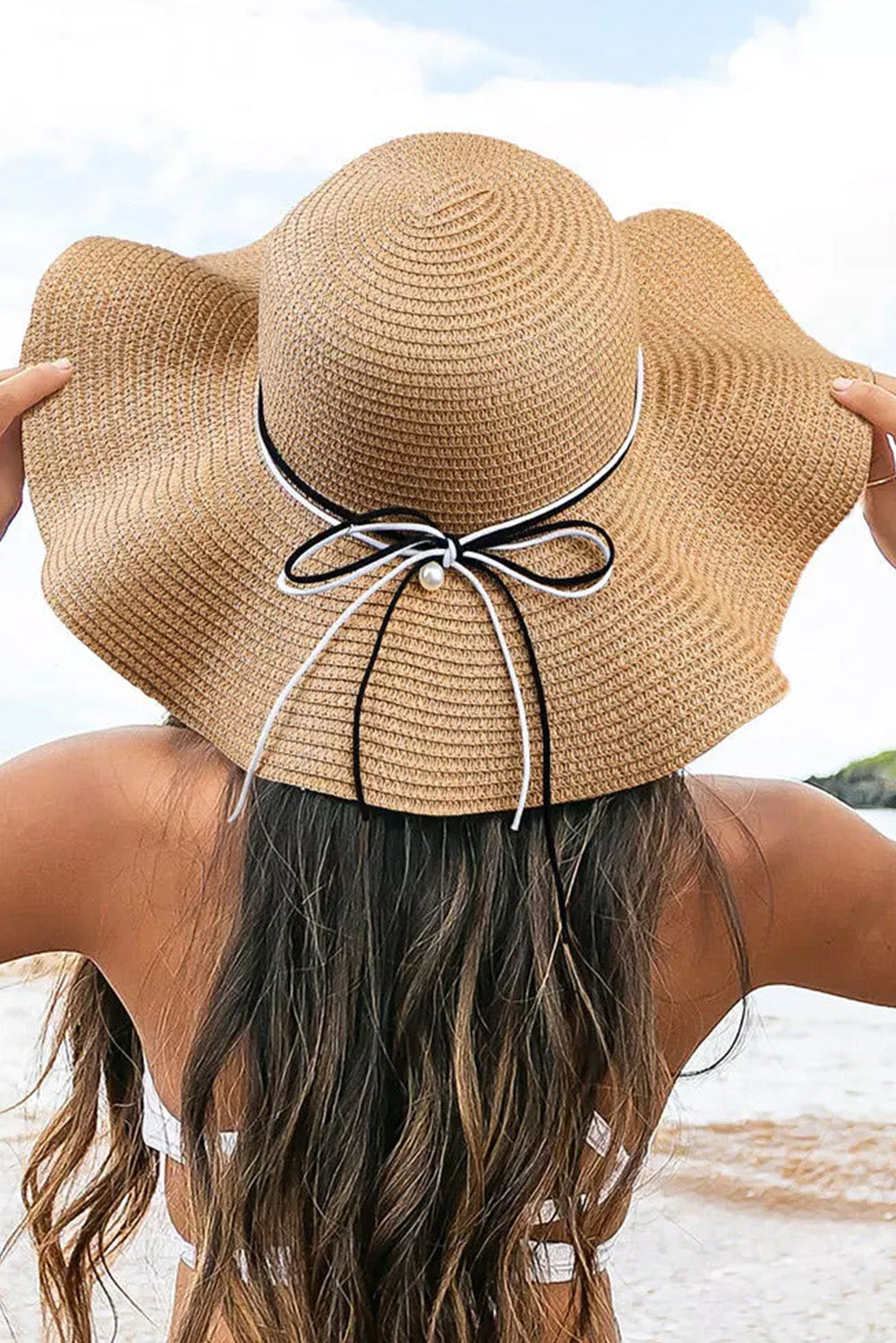 Khaki Bowknot Sun Visor Wide Brim Rolled Up Straw Hat