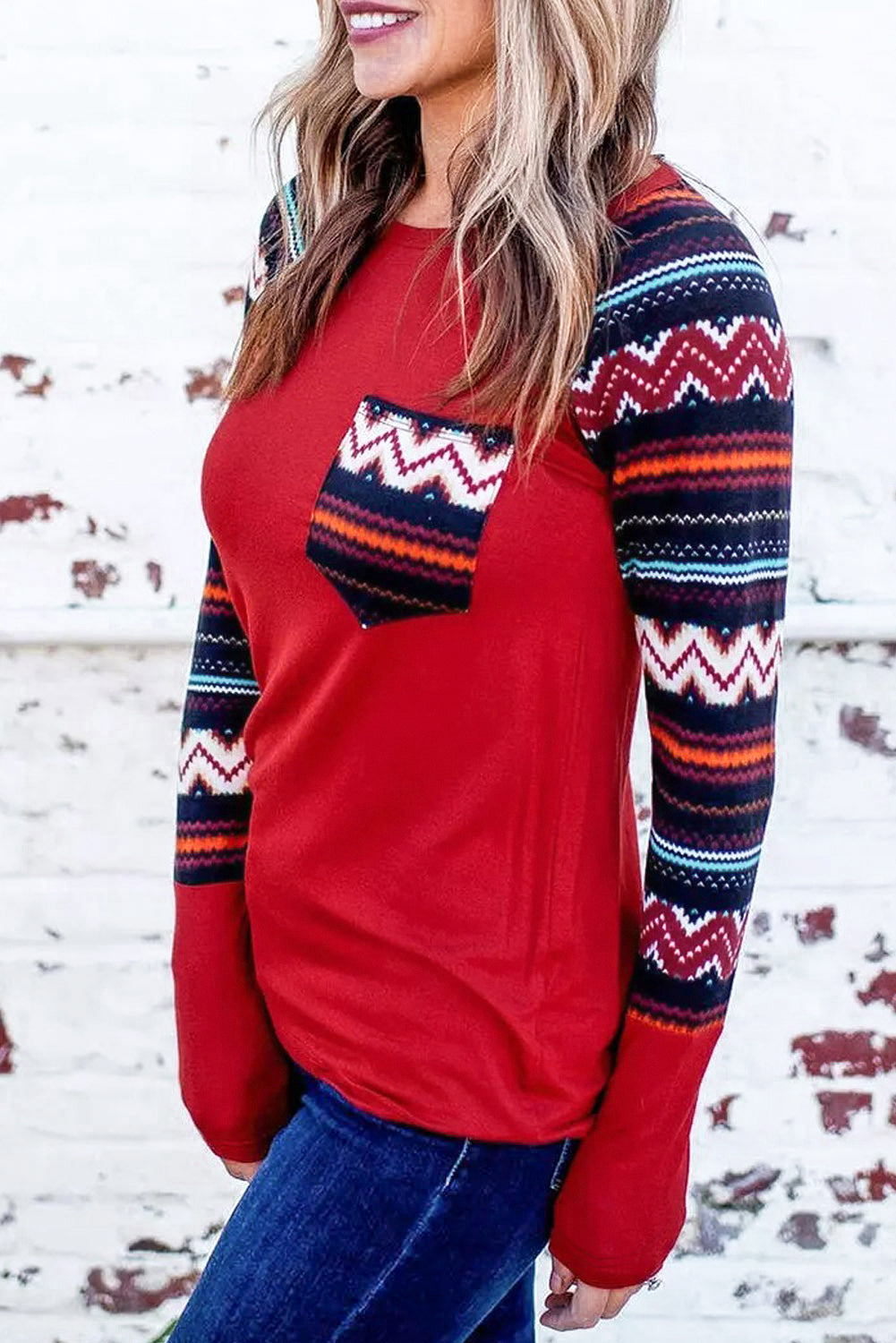 Raglan Sleeve Aztec Geometric Patchwork Top with Pocket