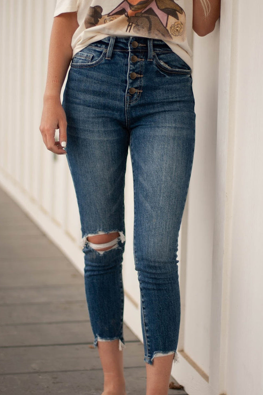 Button Fly High Waist Ripped Skinny Fit Ankle Jeans