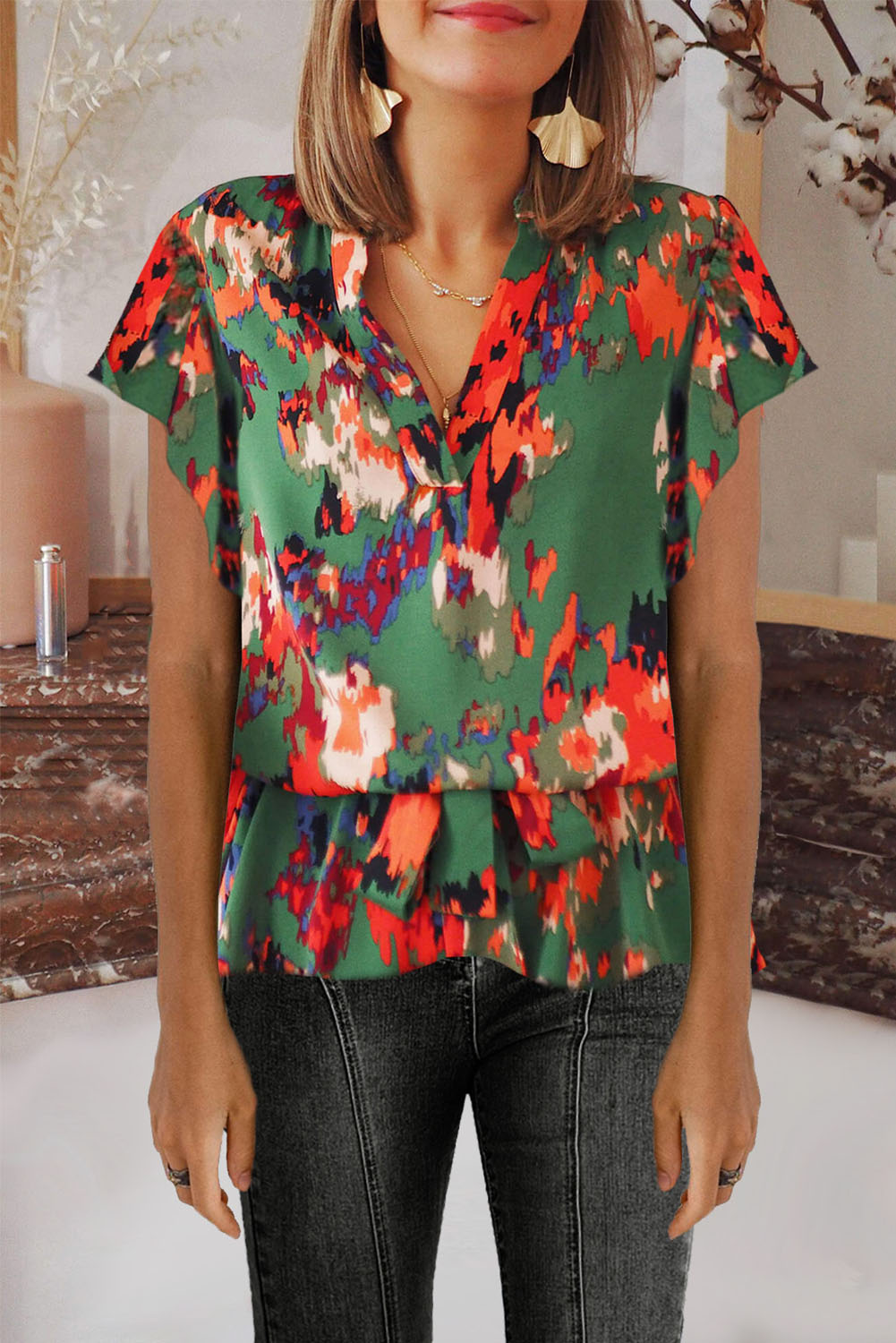 Graffiti Printed V Neck Puff Sleeve Blouse