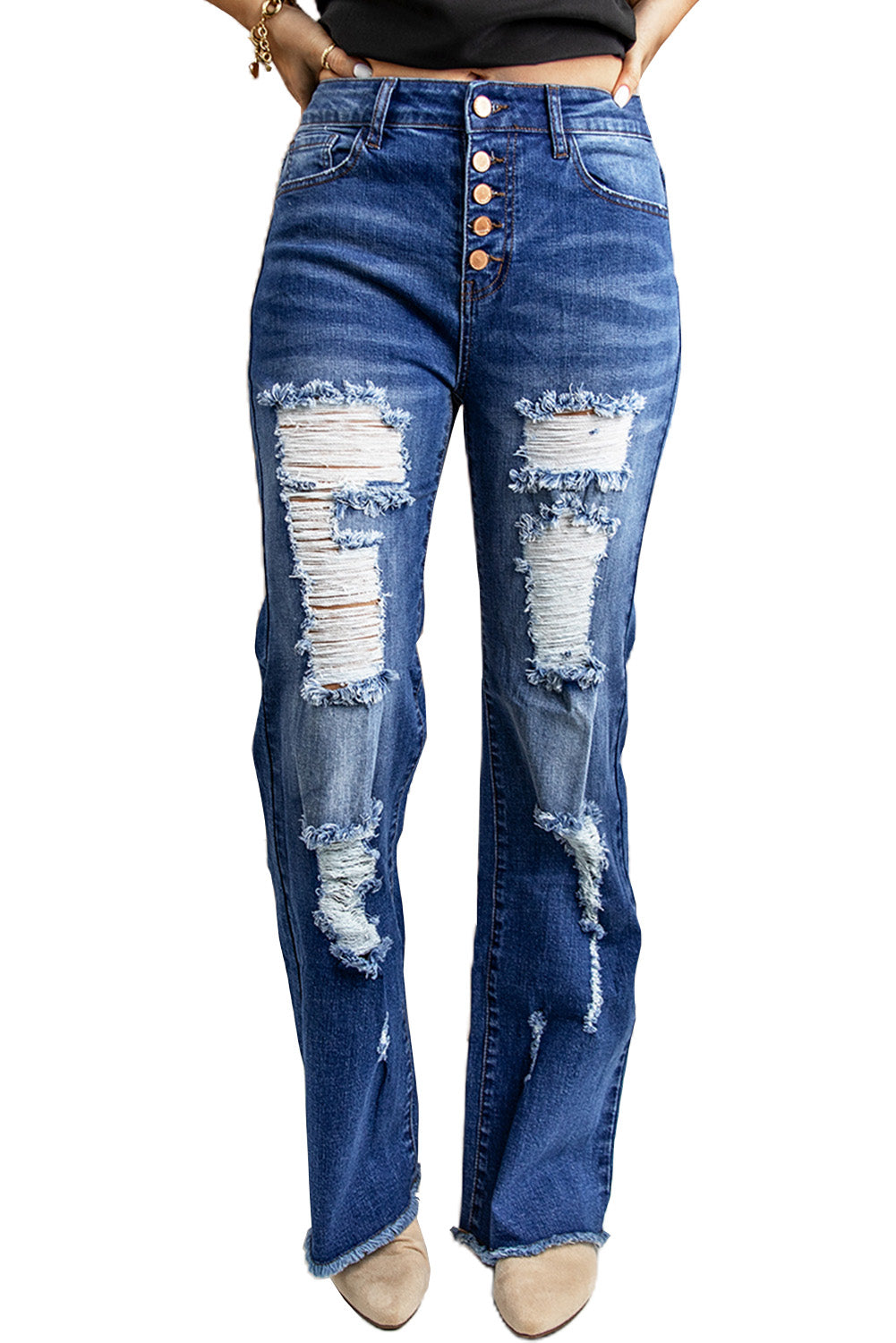 Distressed Ripped Buttons Bell Bottom Jeans
