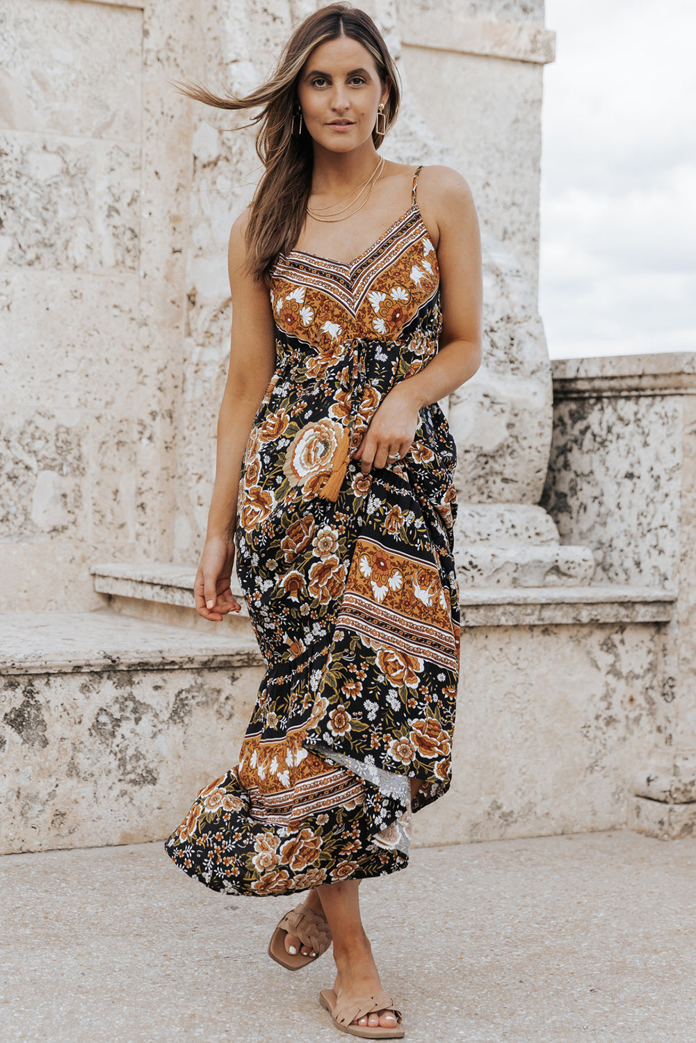 Retro Boho Floral Tassel Tie Maxi Dress