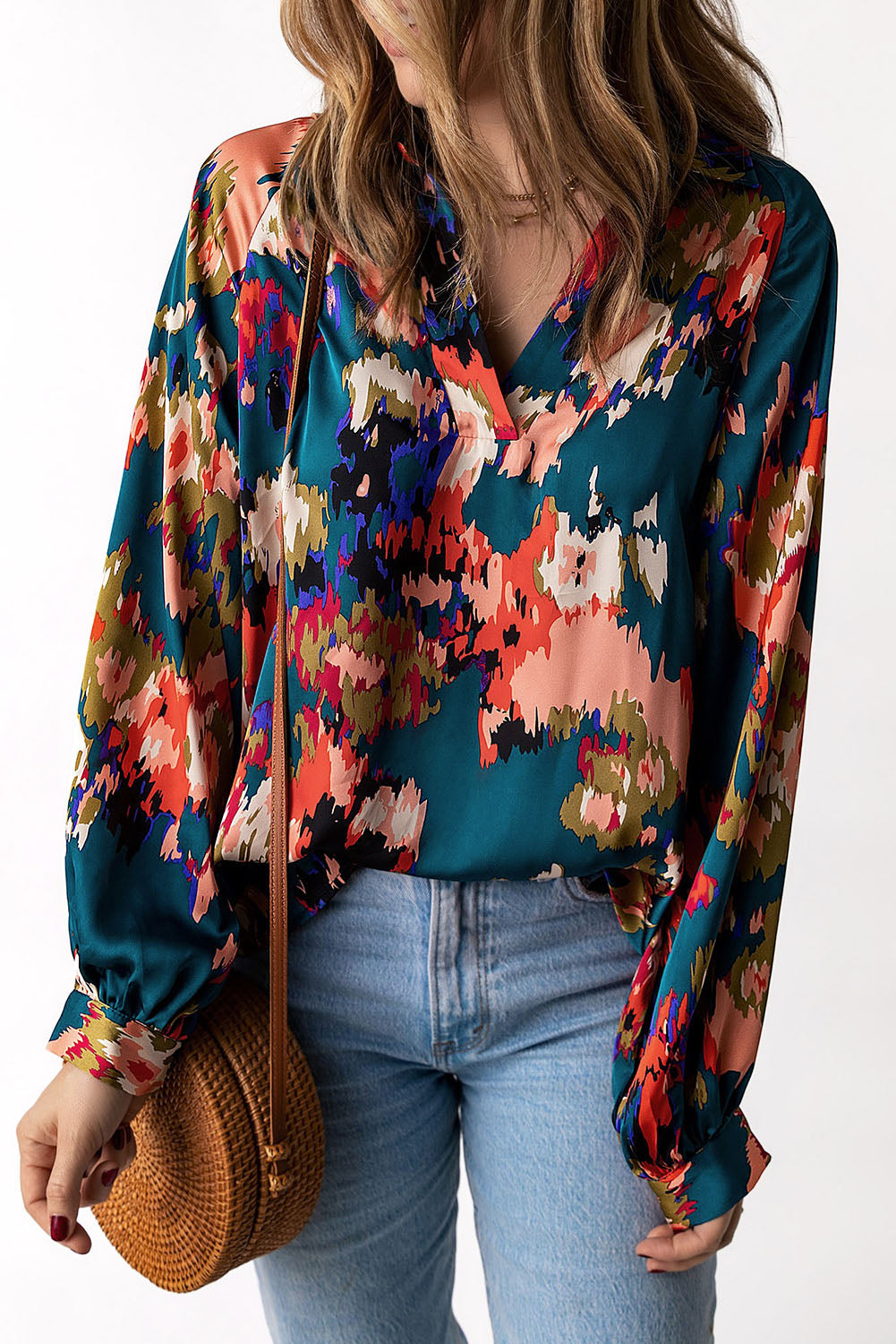 Graffiti Printed V Neck Puff Sleeve Blouse