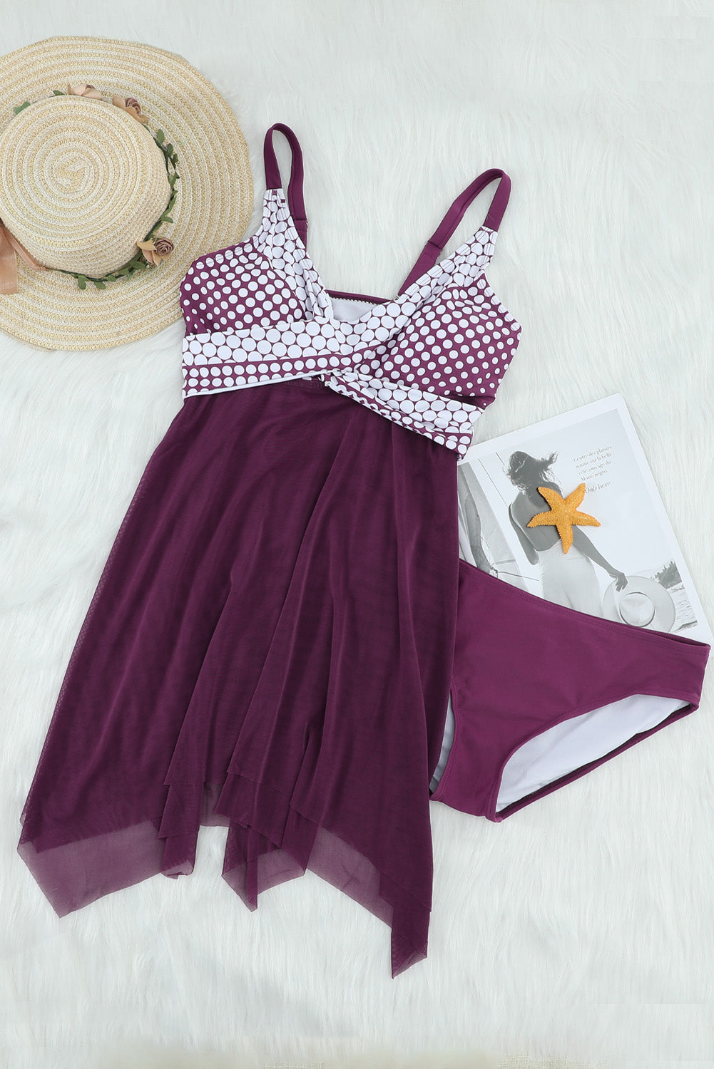 Retro Polka Dot Print Handkerchief Hem Tankini Set