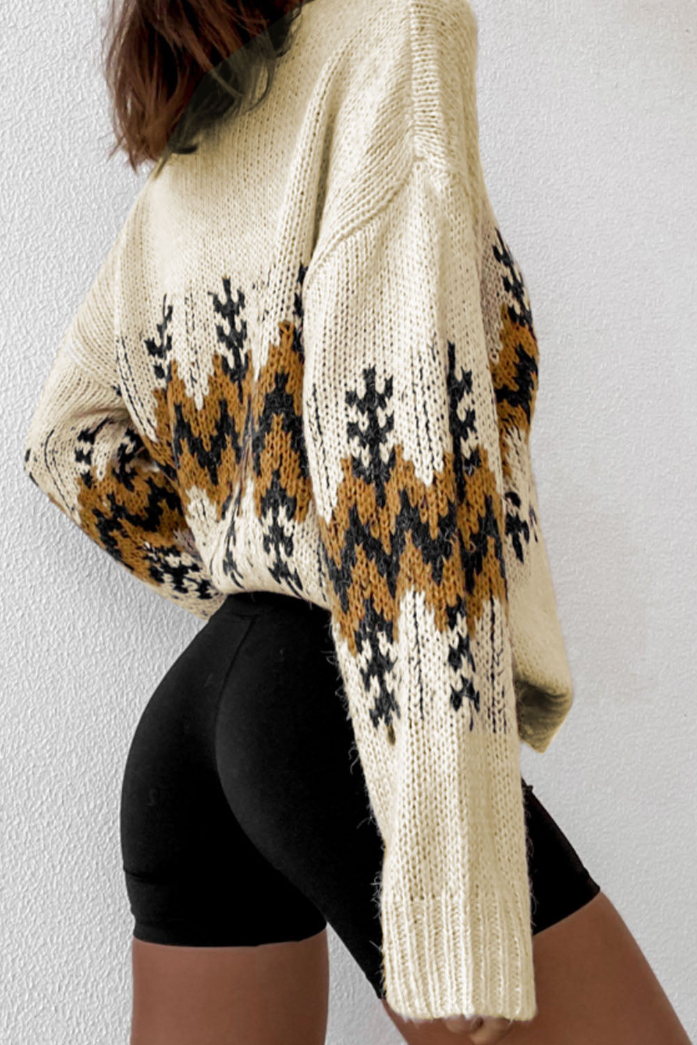 Beige Slouchy Fit Christmas Tree Print V Neck Knit Sweater