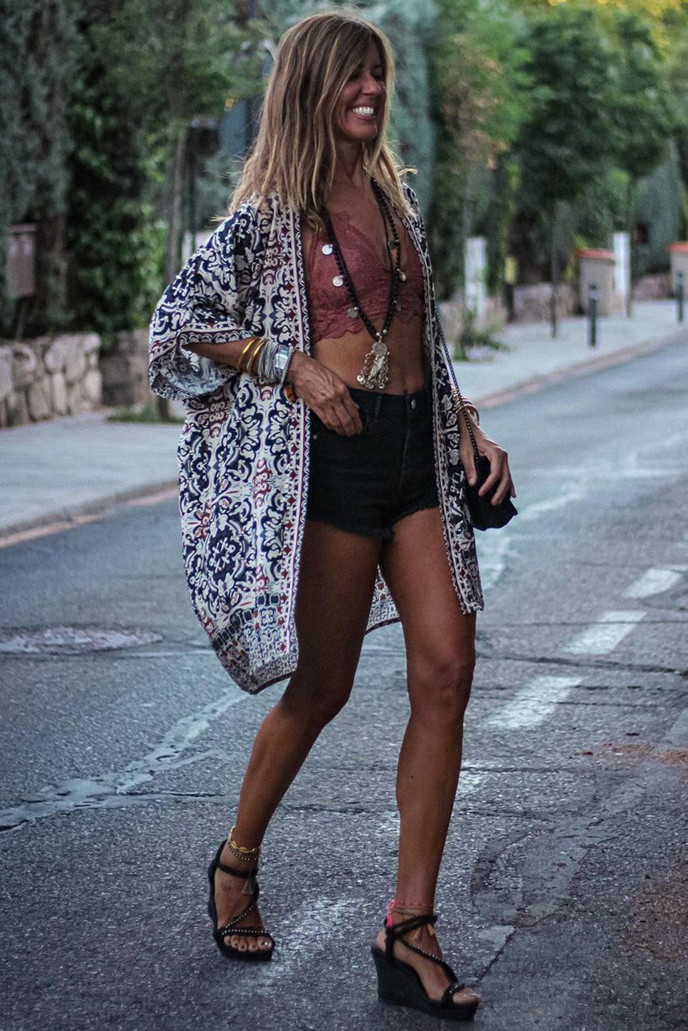 Vintage Floral Print Ethnic Open Front Kimono