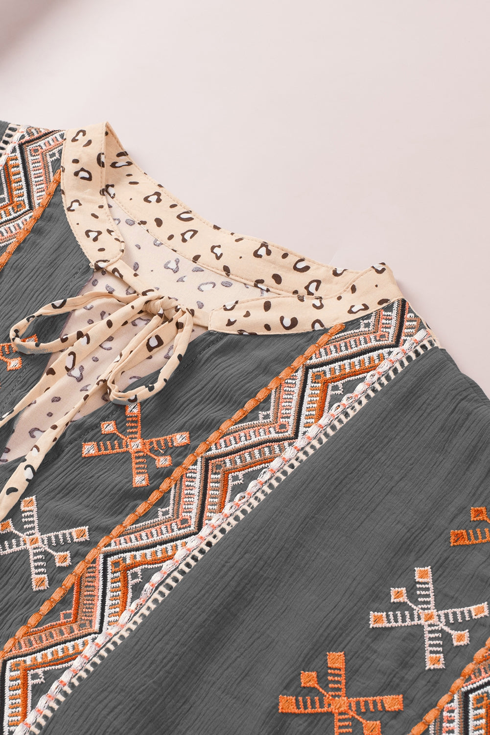 Khaki Geometric Leopard Patchwork Short Sleeve Top